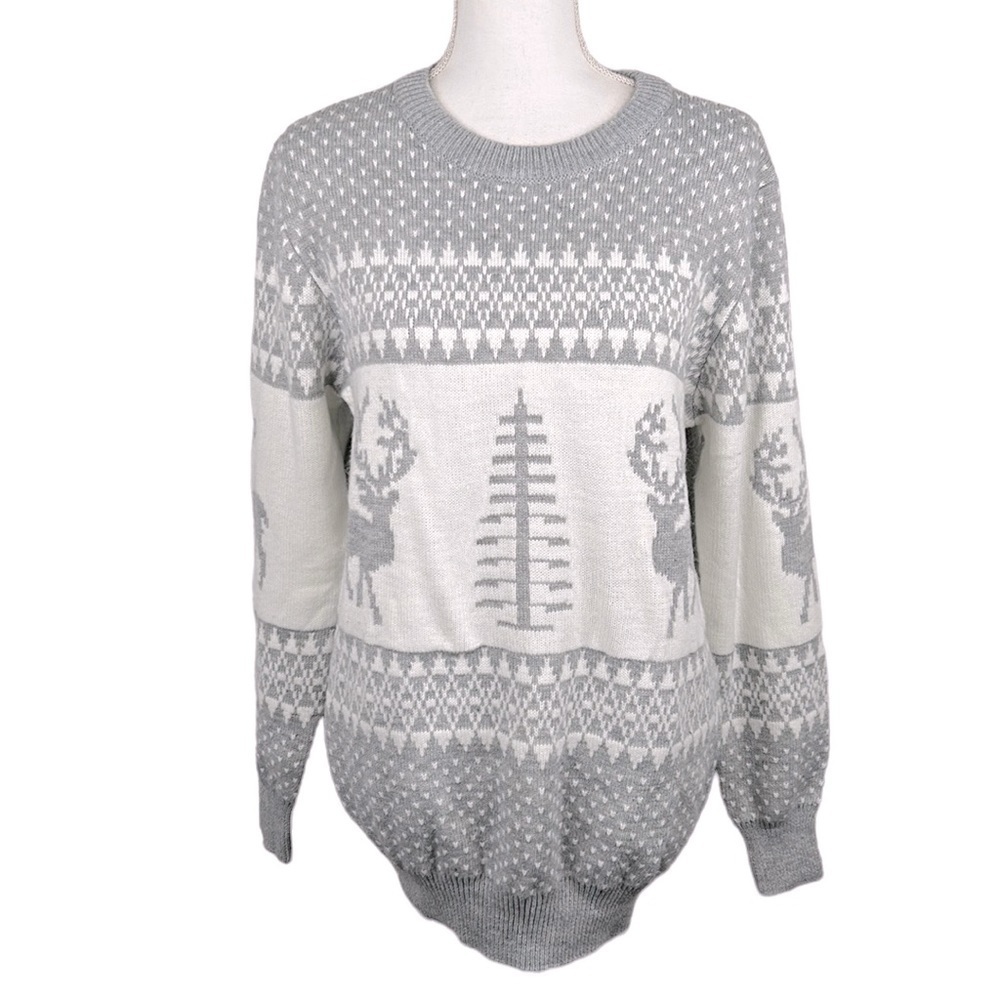 Winter Gray & White Knit Crewneck Long Sleeve Sweater Size Large